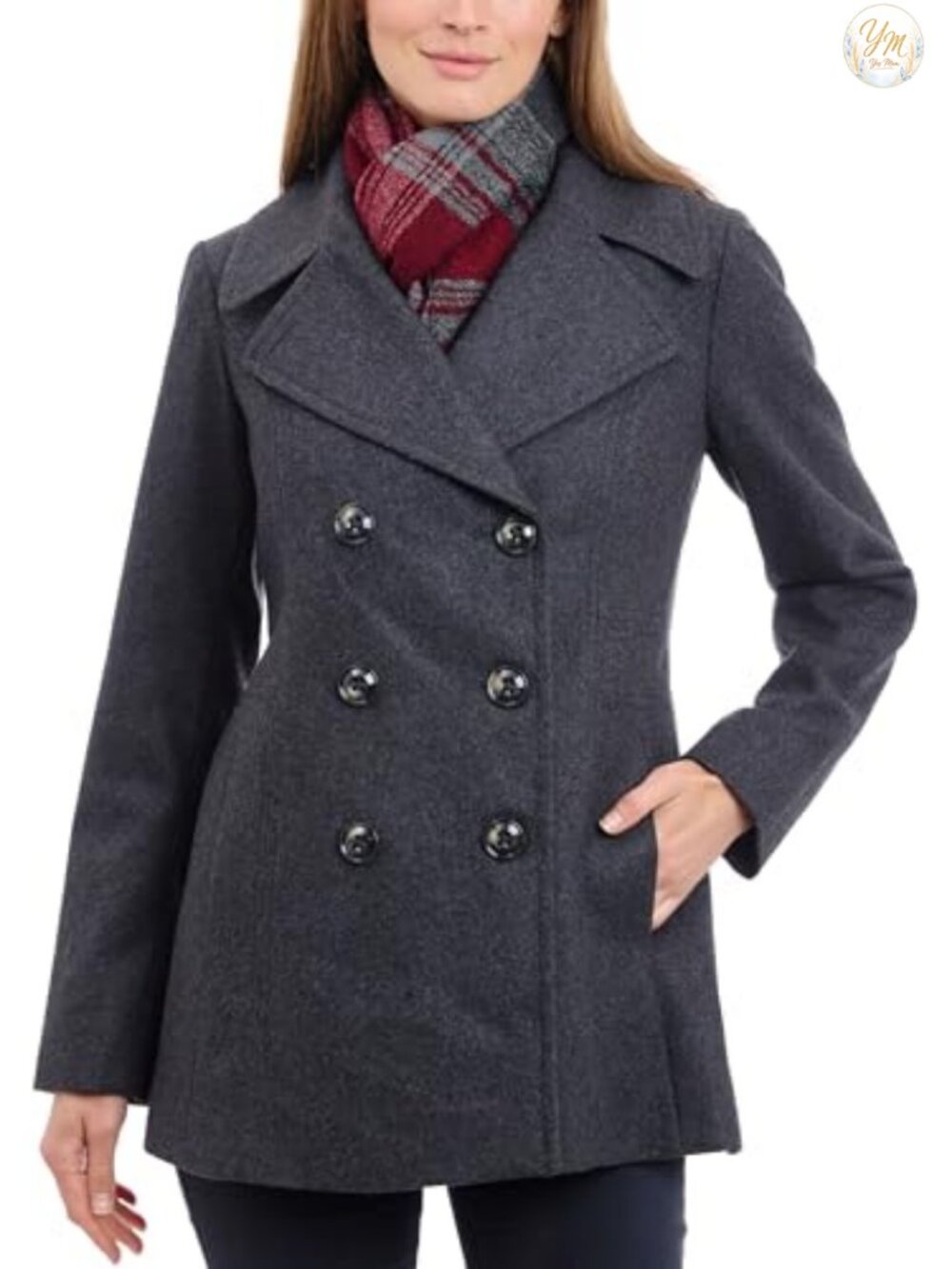 Double Breasted Peacoat with Scarf Wool Blend Long Sleeve Women's Coat